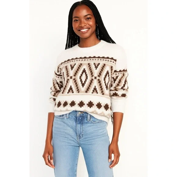 Old Navy Aztec Knit Sweater 2X Plus Size Neutral Geo Pattern Cozy 2X - Picture 1 of 9